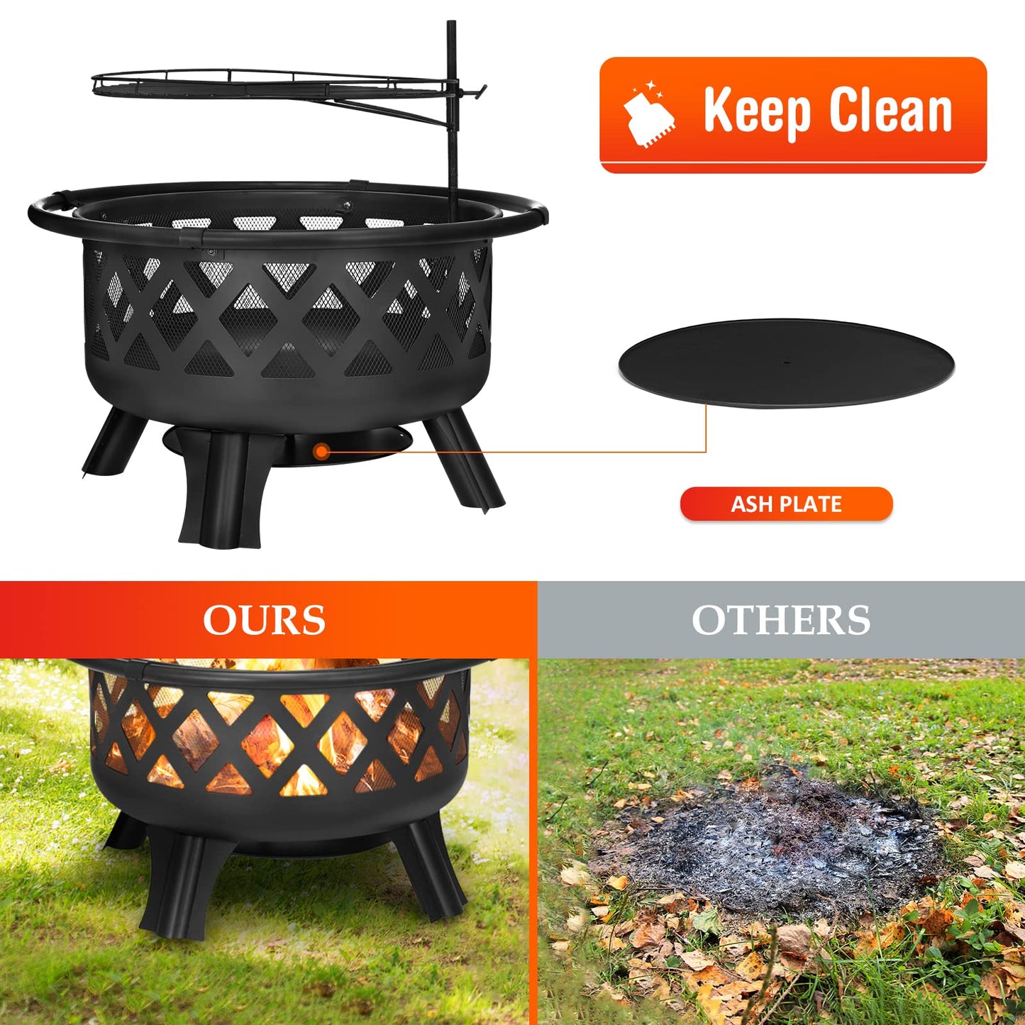 2 in 1 Fire Pit with Cooking Grate 30'' Wood Burning Firepit Outdoor Fire Pits Steel Firepit Bowl Outside with Swivel BBQ Grill, Spark Screen, Poker for Backyard Garden Bonfire Patio