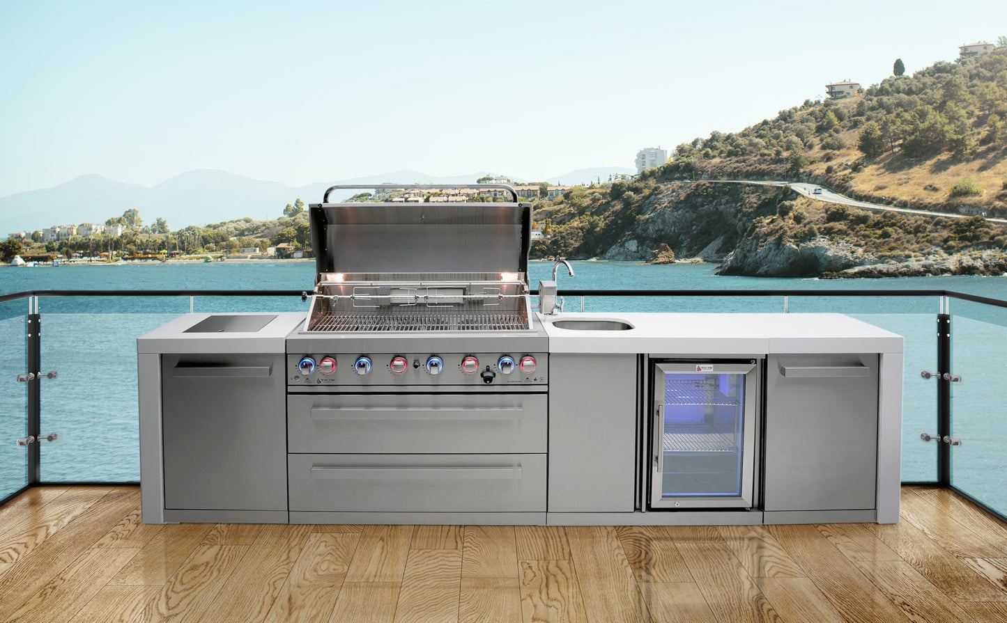 Mont Alpi MAi805-DBEV-COMBO 44-inch 6 Burner 115000 BTU Deluxe Stainless Steel Gas Outdoor Kitchen Island Barbecue Grill with Beverage Center + Side Burner Pizza Oven, Charcoal Tray & Griddle Plate