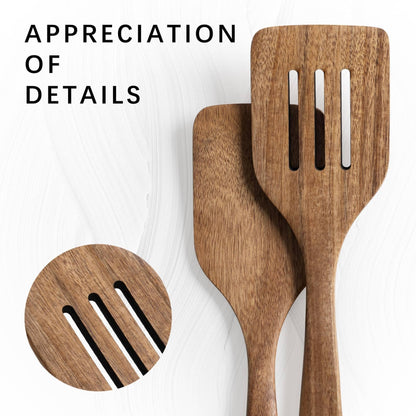 Hefild 2PCS Wooden Spatulas for Cooking, 12 inch Wood Spatulas Set with Flat Wood Spatula & Slotted Spatula – Acaciawood Cooking Utensils for Nonstick Pans – Wooden Spoons for Cooking