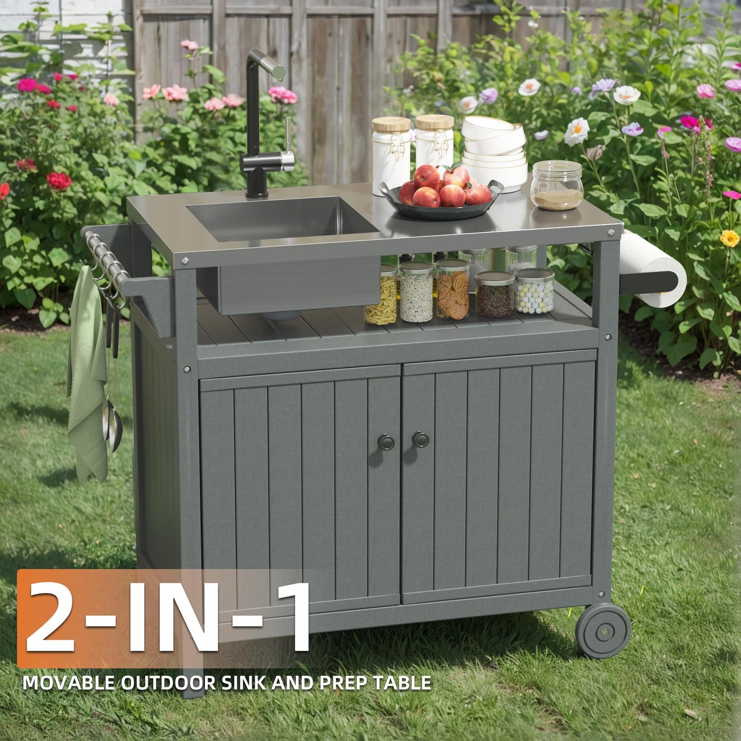 TORVA All in One Outdoor Grill Cart with Sink,Cabinet and Cover, 42 inch Freestanding Modular Kitchen Sink Station in 304 Stainless Steel&HDPE, All Weather Use BBQ Table, Grey