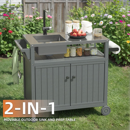 TORVA All in One Outdoor Grill Cart with Sink,Cabinet and Cover, 42 inch Freestanding Modular Kitchen Sink Station in 304 Stainless Steel&HDPE, All Weather Use BBQ Table, Grey