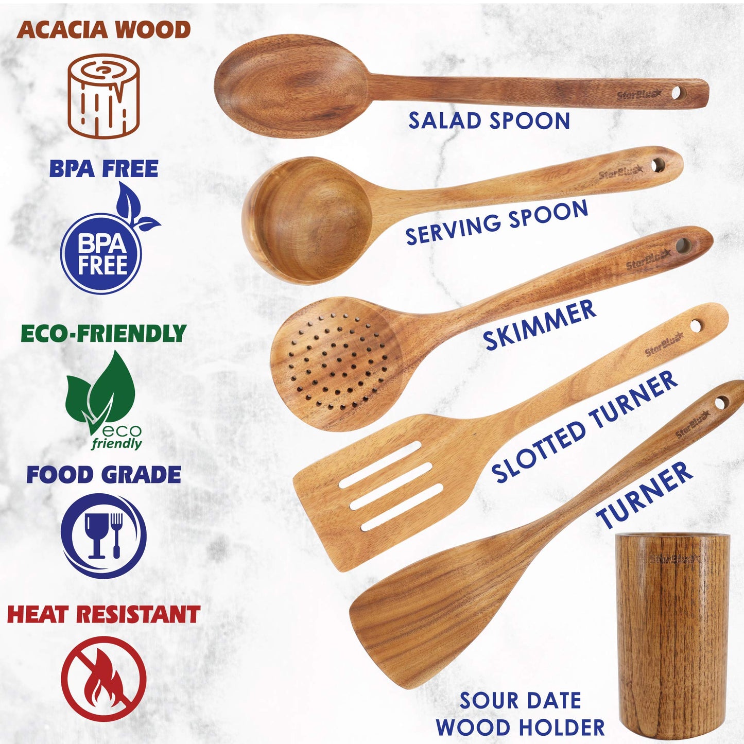 StarBlue Acacia Wooden Utensils Set 6 Pcs - Non-Scratching Durable Natural Wood Cooking Spatulas & Spoons for Nonstick Cookware with Holder