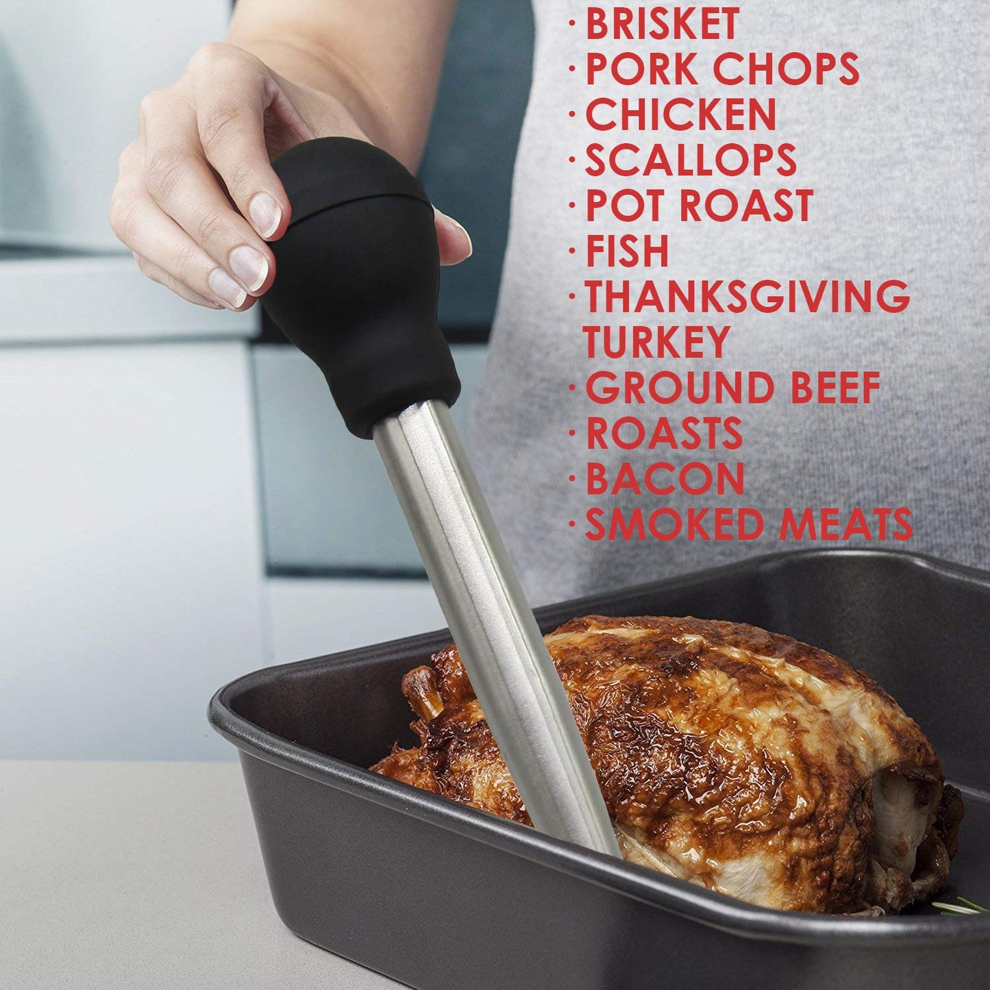 Stainless Steel Turkey Baster With Cleaning Brush - Food Grade Syringe Baster For Cooking & Basting With 2 Marinade Injector Needles - Ideal For Butter Dripping, Roasting Juices For Poultry (Black)