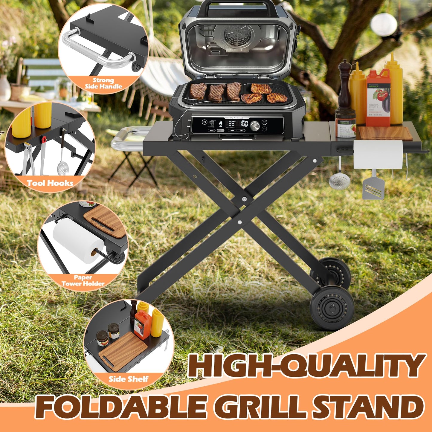 MOASKER Woodfire Outdoor Grill Stand for Ninja Woodfire OG700 Series, Collapsible Outdoor Grill Stand for Ninja OG701 OG751 Woodfire Accessories Portable Grill Cart with Wheels for Outside Camping
