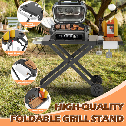 MOASKER Woodfire Outdoor Grill Stand for Ninja Woodfire OG700 Series, Collapsible Outdoor Grill Stand for Ninja OG701 OG751 Woodfire Accessories Portable Grill Cart with Wheels for Outside Camping