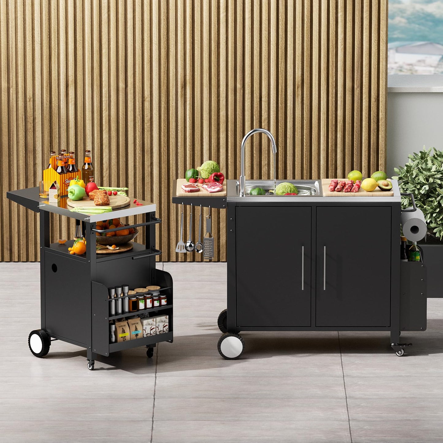 ROOMTEC Outdoor Grill Cart with Stainless Steel Sink, Rolling Metal Prep Table & Storage Cabinet, BBQ Kitchen Island for Patio or Garden