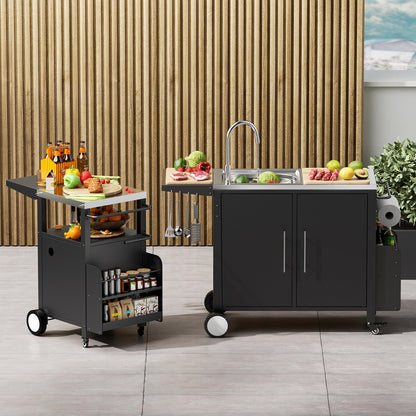 ROOMTEC Outdoor Grill Cart with Stainless Steel Sink, Rolling Metal Prep Table & Storage Cabinet, BBQ Kitchen Island for Patio or Garden