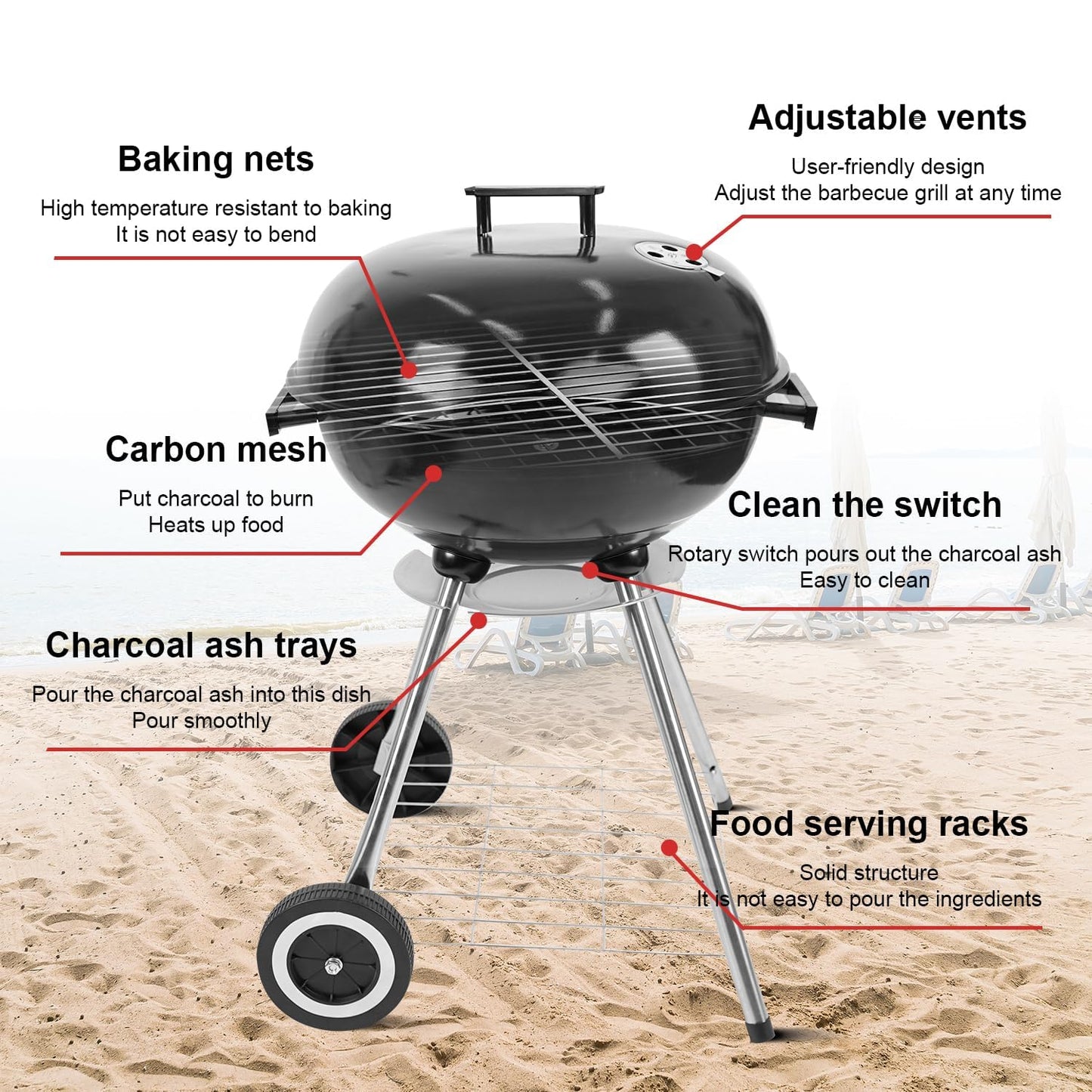 gzcmxh Charcoal Grill - 18inch Outdoor Charcoal BBQ Grill with handle and wheels - Balck Kettle Grill for outdoor, backyard, picnics, party parties