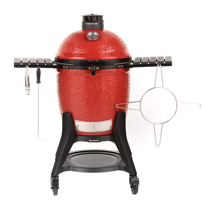 Kamado Joe® Classic Joe™ Series III 18-inch Charcoal Grill & Smoker, Red, with Cart, Side Shelves, Grill Gripper, and Ash Tool, 3 Tier Cooking System, Stainless Steel Cooking Grates, Model KJ23RHCI-A