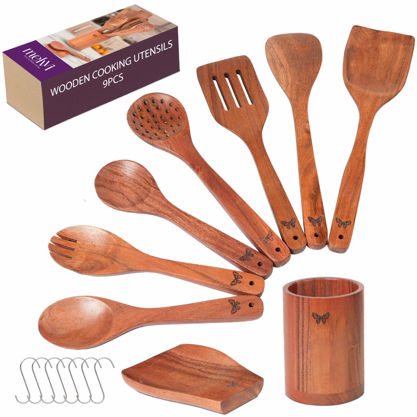Wooden Kitchen Cooking Utensils Set | 9 Piece Spatula Set with Spoon Rest, Holder & 7 Hooks | Acacia Wood Non Toxic Serving Spoons
