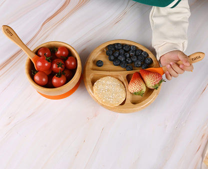 TATA AMG ® Bamboo Baby Plate and Bowl Set with Spoons and Fork for Babies | Bamboo Toddler Plates | Bamboo Suction Plate and Bowl Set for Babies | Baby Led Weaning Feeding Set - BPA Free