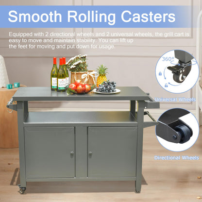 Domi Grill Carts Outdoor Storage Cabinet with Wheels, Metal Outdoor Grill Cart Kitchen Dining Table Cooking Prep BBQ Table for Patio, Kitchen Island, Home Party, Bar (Grey)