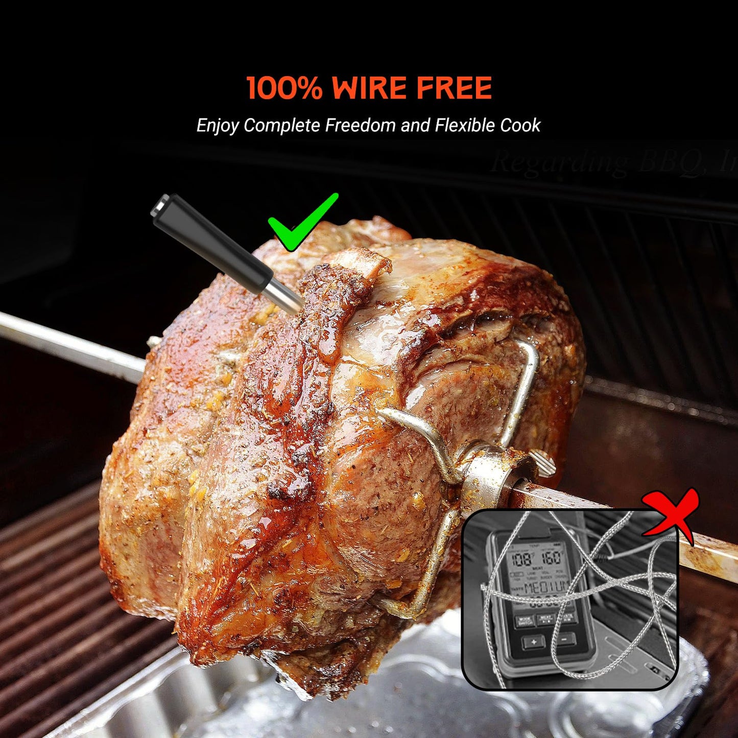 Wireless Meat Thermometer - 5G Wi-Fi and 5.4 Bluetooth Meat Thermometer Digital Wireless for Grilling and Smoking with IP67 Dual Probes and Backlight LCD Display for BBQ, Smoker, Oven, Grill