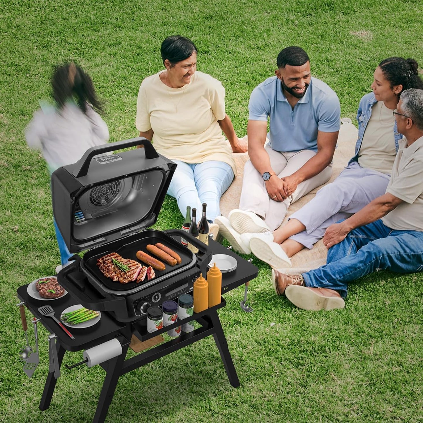 BBQ-PLUS Grill Stand for Ninja Woodfire Outdoor Grills, Portable Adjustable Grill Cart for Ninja OG700 OG800 OG900 Series Smoker Blackstone 17" Griddle,Folding Table with Shelf