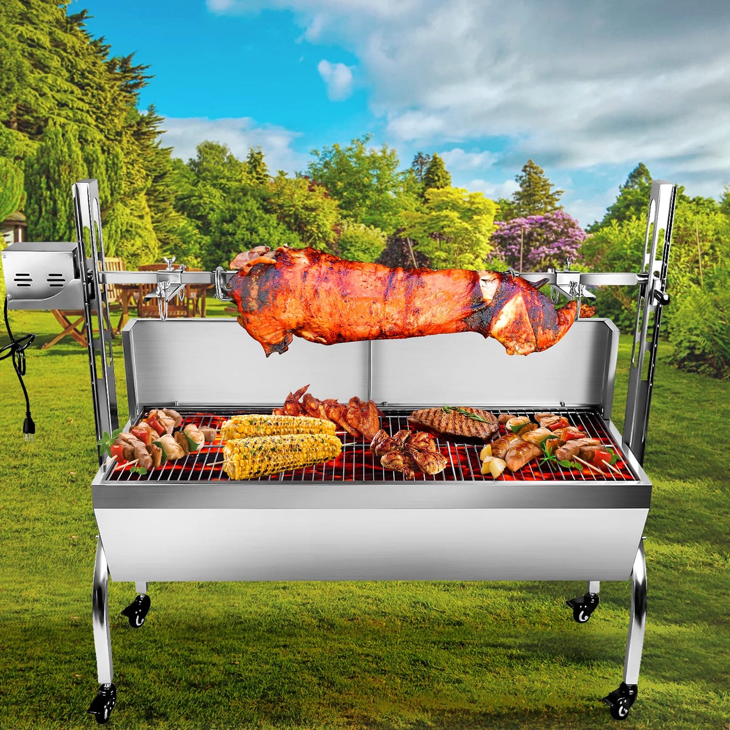 Migoda 176LBS Stainless Steel Rotisserie Grill with Wind Deflector, 25W Motor Small Pig Lamb Rotisserie Roaster, 46 Inch BBQ Charcoal Rotisserie Roaster Grill for Camping Outdoor Kitchen