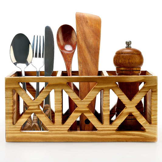 Wooden Cutlery Silverware Holder Flatware Caddy Wood Utensil Organizer for Kitchen Counter Decor Small Silverware Countertop Spoon and Fork Holder Table Utensil Caddy for Party Cutlery Basket