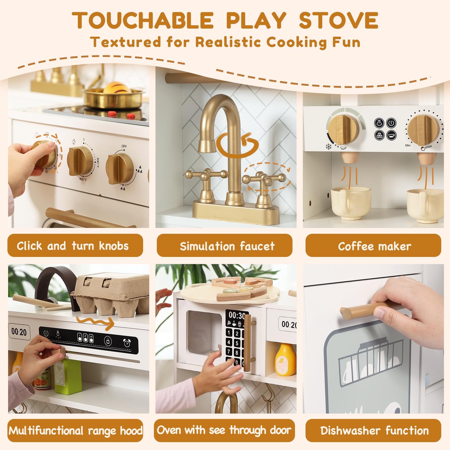 Interactive Wooden Play Kitchen Set for Kids Realistic Features with Extended Storage and 15 Kitchen Accessories, Ideal Pretend Playset Gift for Toddlers and Children Ages 3+