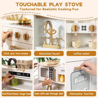 Interactive Wooden Play Kitchen Set for Kids Realistic Features with Extended Storage and 15 Kitchen Accessories, Ideal Pretend Playset Gift for Toddlers and Children Ages 3+