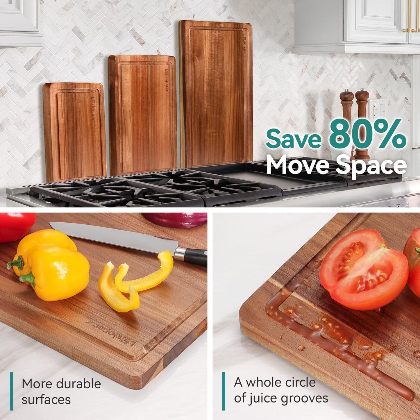 Acacia Wood Cutting Board，Solid Wood Cutting Board for Kitchen with Holder with Deep Juice Grooves & Built-in Handles, Durable Wooden Chopping Board Set of 3 for Meat, Vegetables and Fruits