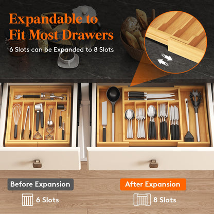 Lifewit Silverware Drawer Organizer, Expandable Utensil Tray for Kitchen, Bamboo Flatware and Cutlery Holder, Wood Adjustable Storage for Spoons Forks Knives, Large, Natural