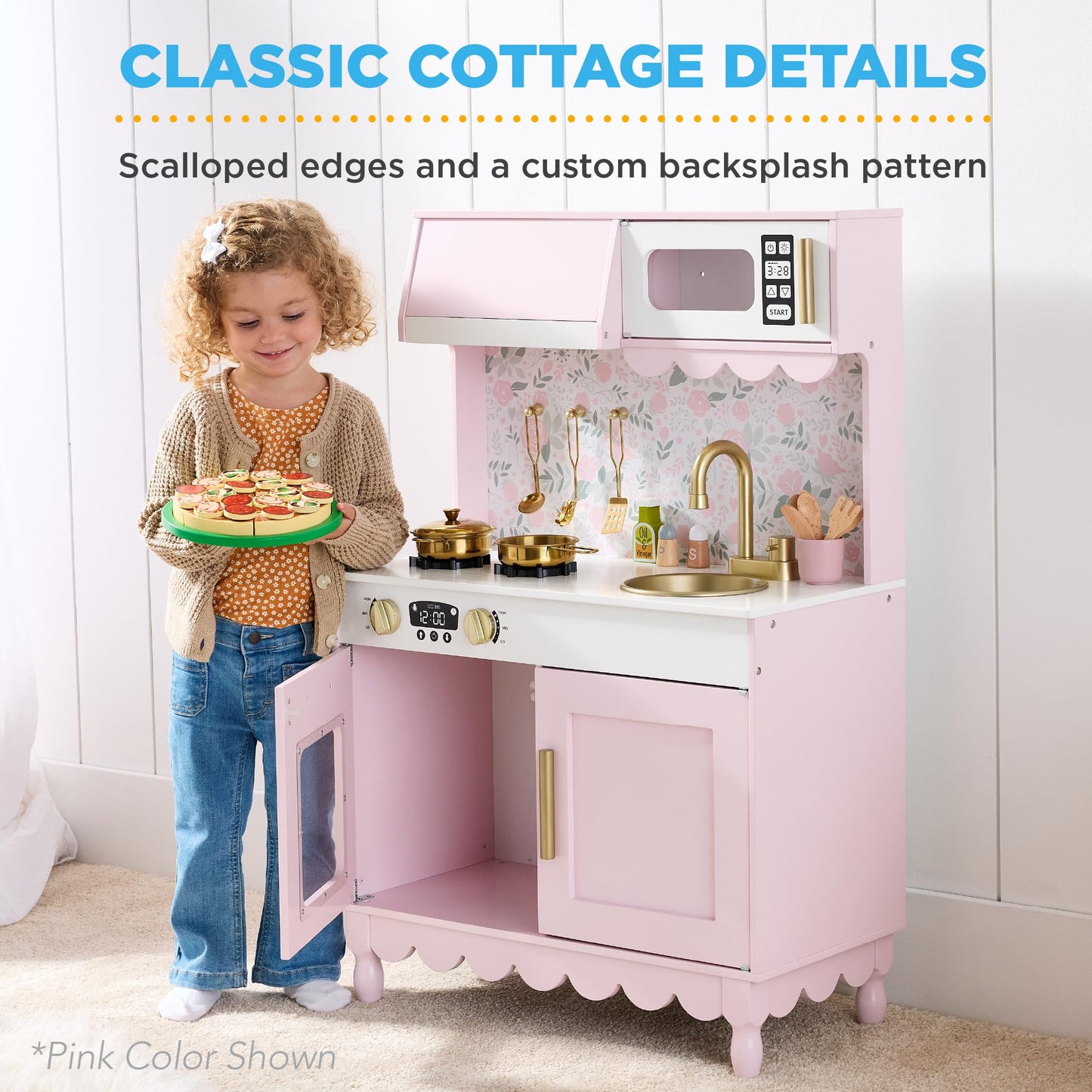 Best Choice Products Wooden Pretend Play Cottage Kitchen Kids Toy w/Storage, Scalloped Edge, 5 Accessories, Microwave, Oven, Clicking Knobs - Cream