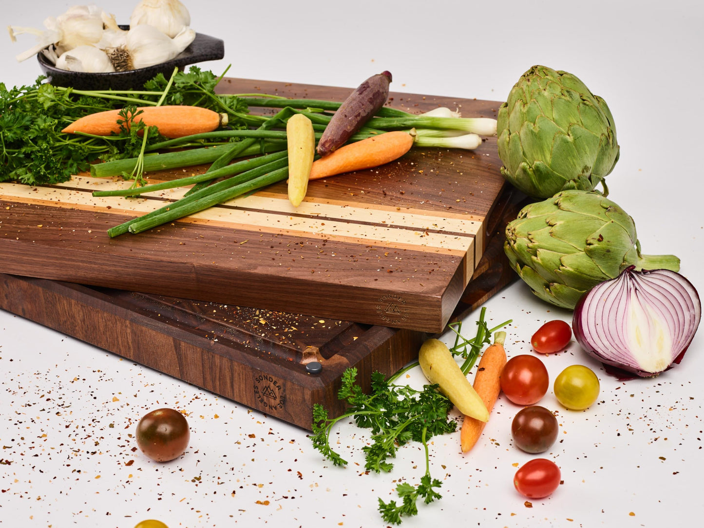 Sonder Los Angeles, Large Walnut/Cherry/Maple Wood Cutting Board for Kitchen, Charcuterie Wooden Board, Sorting Compartment, Reversible 17x13x1.1 in (Gift Box Included)