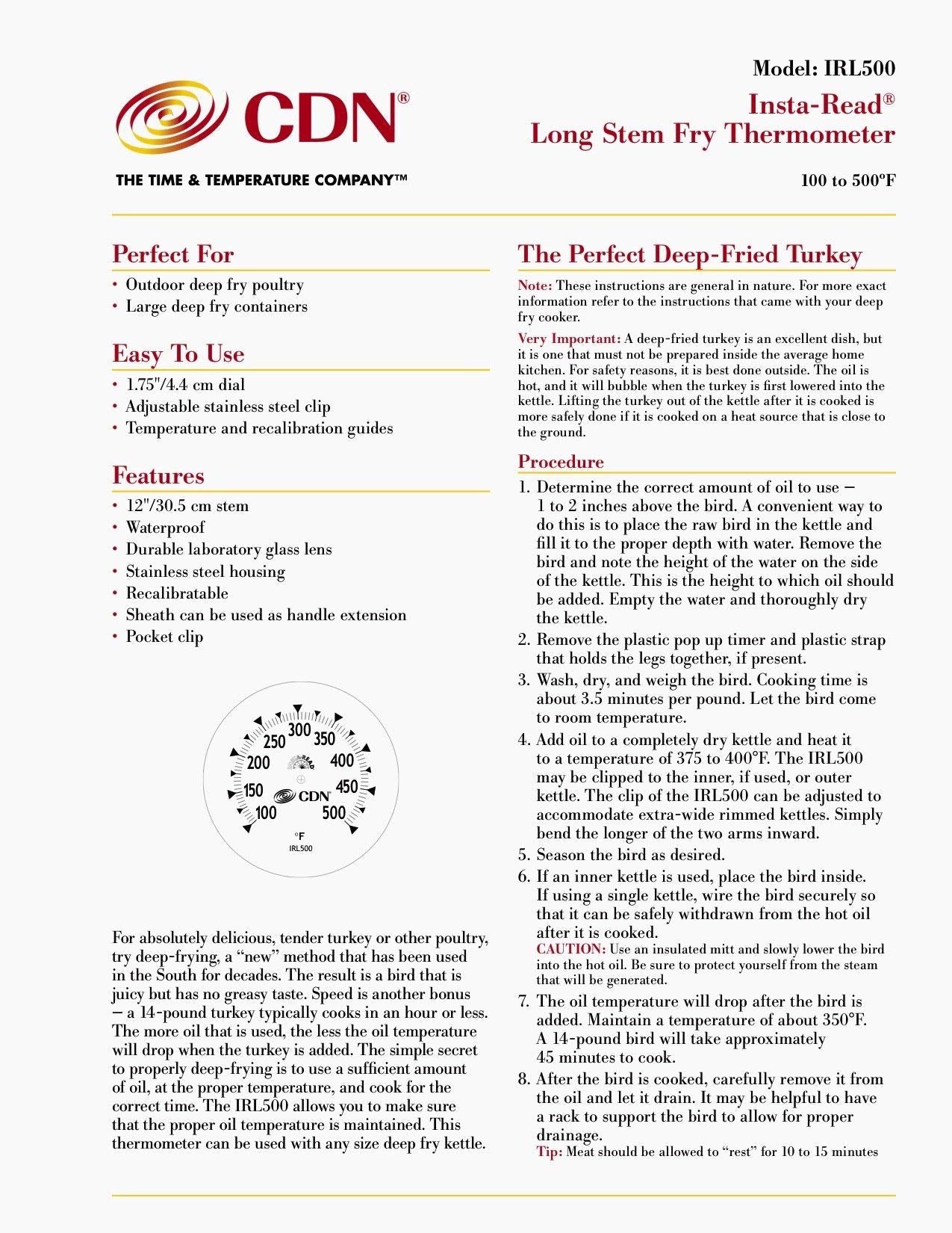 CDN Deep Fry Thermometer 12" Instant Read Long Stem, Stainless Steel, Best for Turkey, Candy, Meet, Grill IRL500