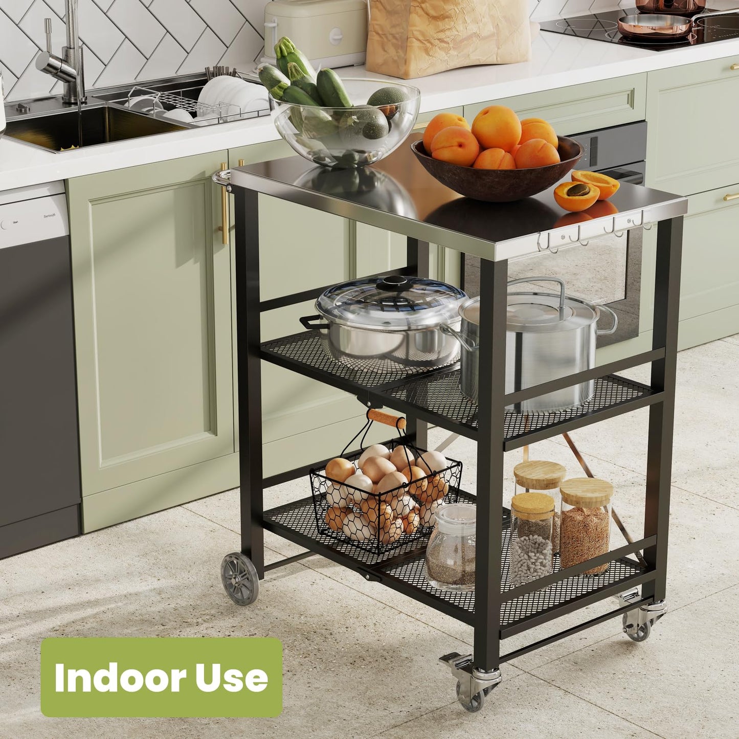 YORKING Foldable Outdoor Grill Cart, Stainless Steel 3 Tier Kitchen Cart with 2 Lock Wheels, Moveable BBQ Table Kitchen Island with Tool Hooks, Bottle Opener, for Home Party, Bar, Camping, Black