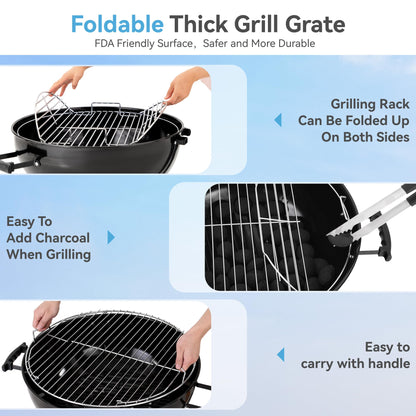 GREEN PARTY 22 inch Kettle Charcoal BBQ Grill with Wheels, Portable Charcoal Grill with Porcelain-Enameled Lid & Ash Catcher for Outdoor Cooking Barbecue Camping Picnics Tailgating