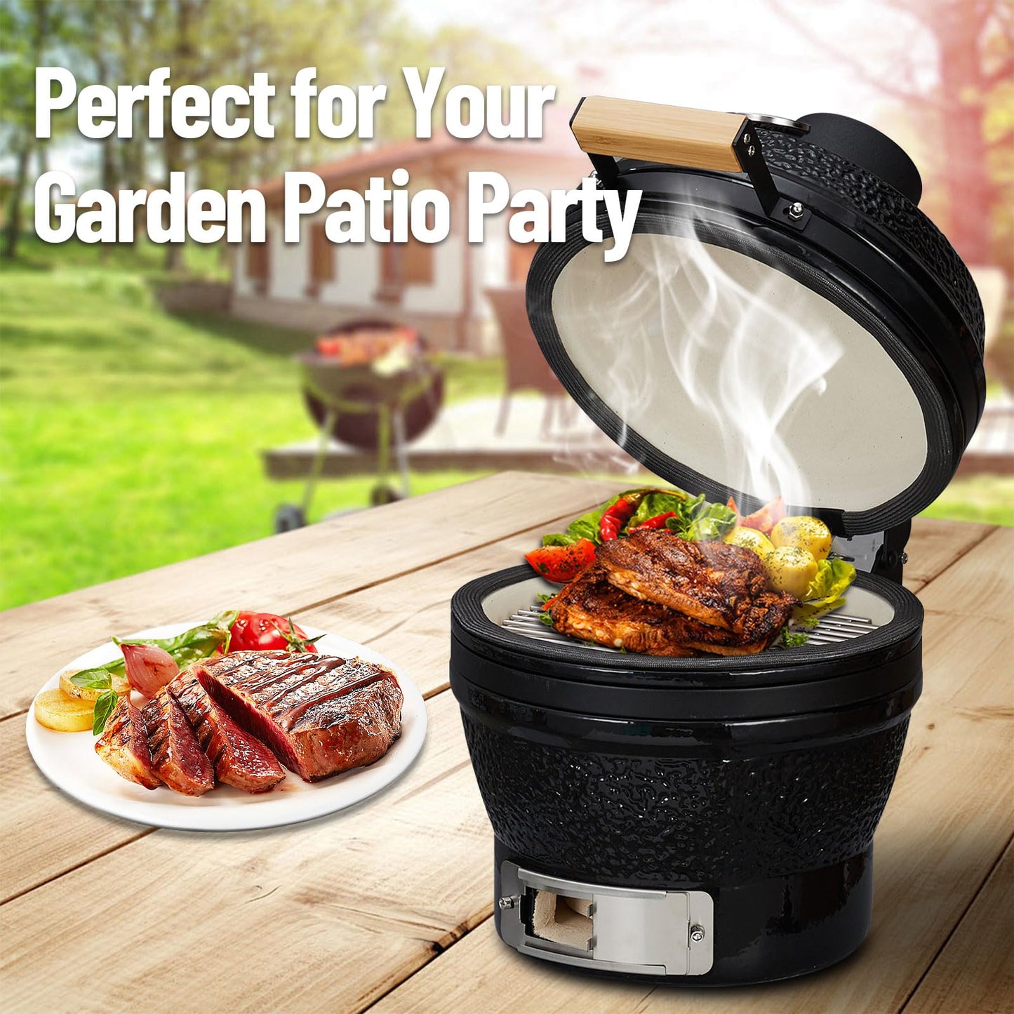 GarveeLife 13-Inch Portable Ceramic Charcoal Grill with Grill Stand, Egg Shaped Ceramic Charcoal Grill w 10.6" Stainless Steel Cooking Grate, Heat Deflectors and Ash Tool for Outdoor Barbecue, Baking