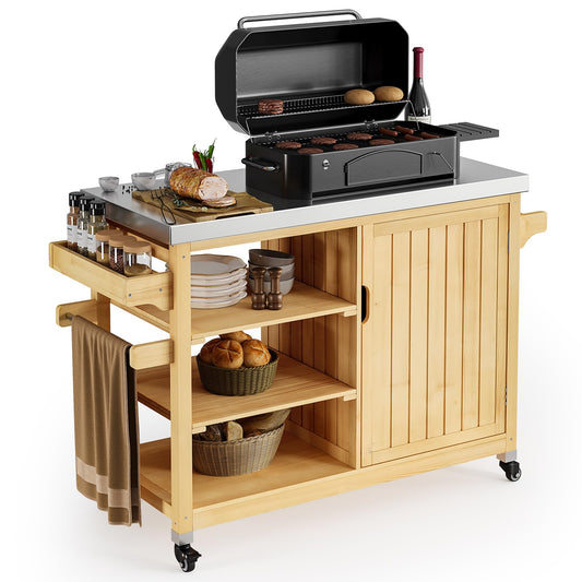 YITAHOME XL Solid Wood Outdoor Grill Cart Storage Cabinet with Stainless Steel Table Top and Spice Rack, 53.74’’ L x 20.27’’ W Patio Bar Cart, Outdoor Kitchen with Lockable Wheels, Single Door Natural