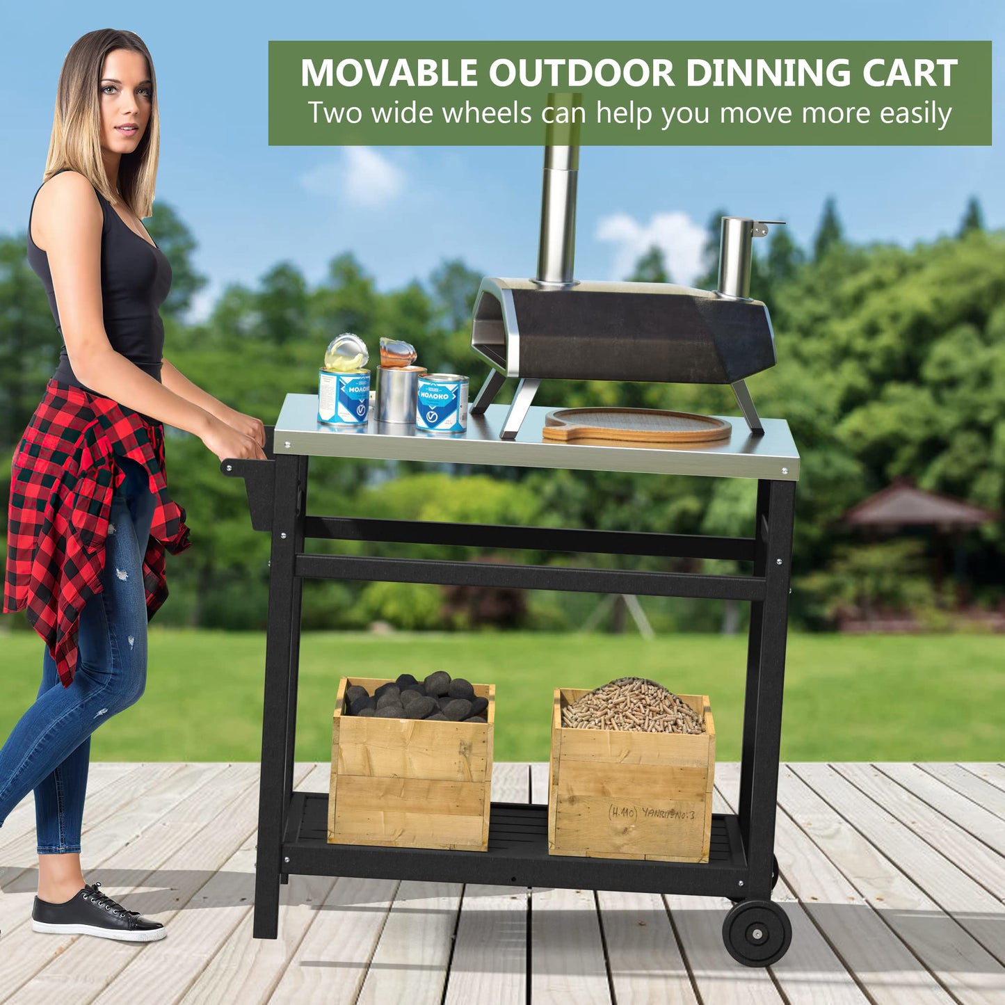 TORVA Outdoor Prep Grill Carts, 303 Stainless Steel Tabletop with High Load Capacity Portable BBQ Table, HDPE Durable Frame 2-Tier Storage Cart, Black