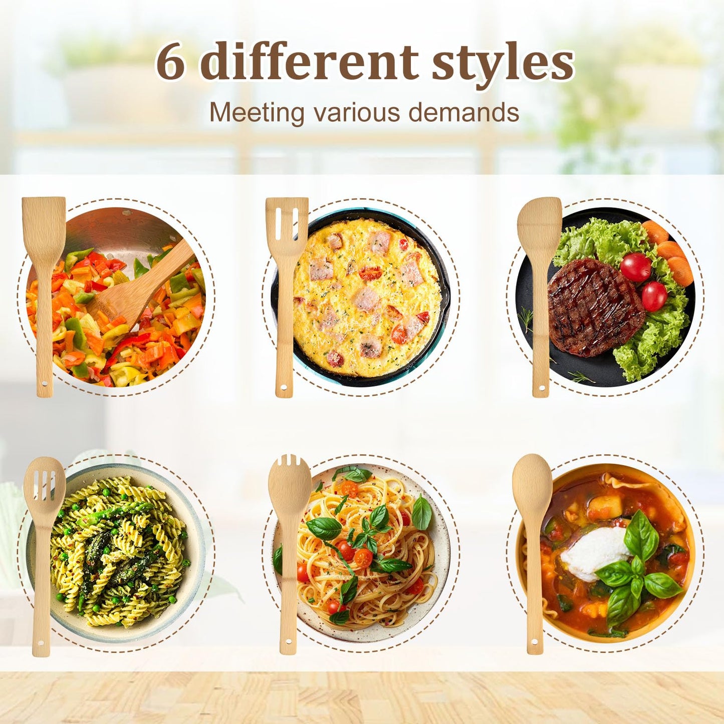 HANSGO Bamboo Wooden Spoons for Cooking 6-Piece, Nonstick Bamboo Kitchen Utensils Set Wood Spatulas Spoons for Daily Use, Housewarming Gifts