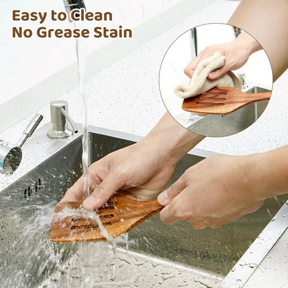 LSFCHUJU Wooden Spoons for Cooking - 10 Piece Natural Teak Wood Kitchen Utensil Set, Wooden Spoons Set with Holder, Spoon Rest & Hooks, Wooden Spatula Set with 7 metal hooks