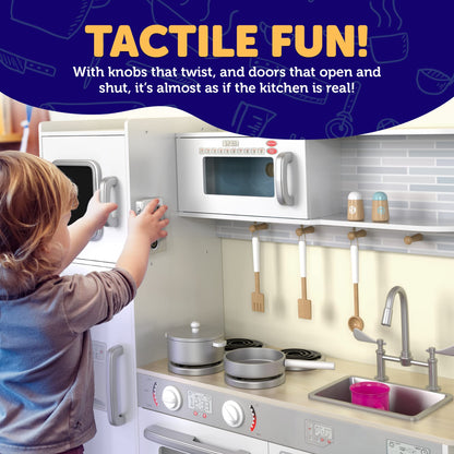 Play Kitchen - Wooden Kitchen Playset for Toddlers and Big Kids - Large Pretend Toy playset for Boys and Girls with Cooking Stove, Oven, Pots, Pans, Phone, Microwave, Fridge, Sink, Utensils - Ages 3-8