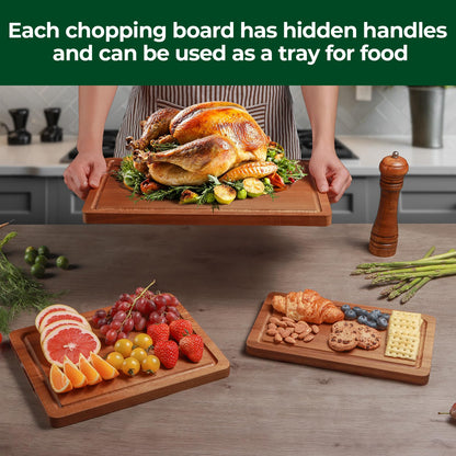 Acacia Wood Cutting Boards for Kitchen, Solid Wooden Cutting Board Set of 3, Charcuterie Board, Large Chopping Board for Meat, Cheese, Fruit, Vegetables