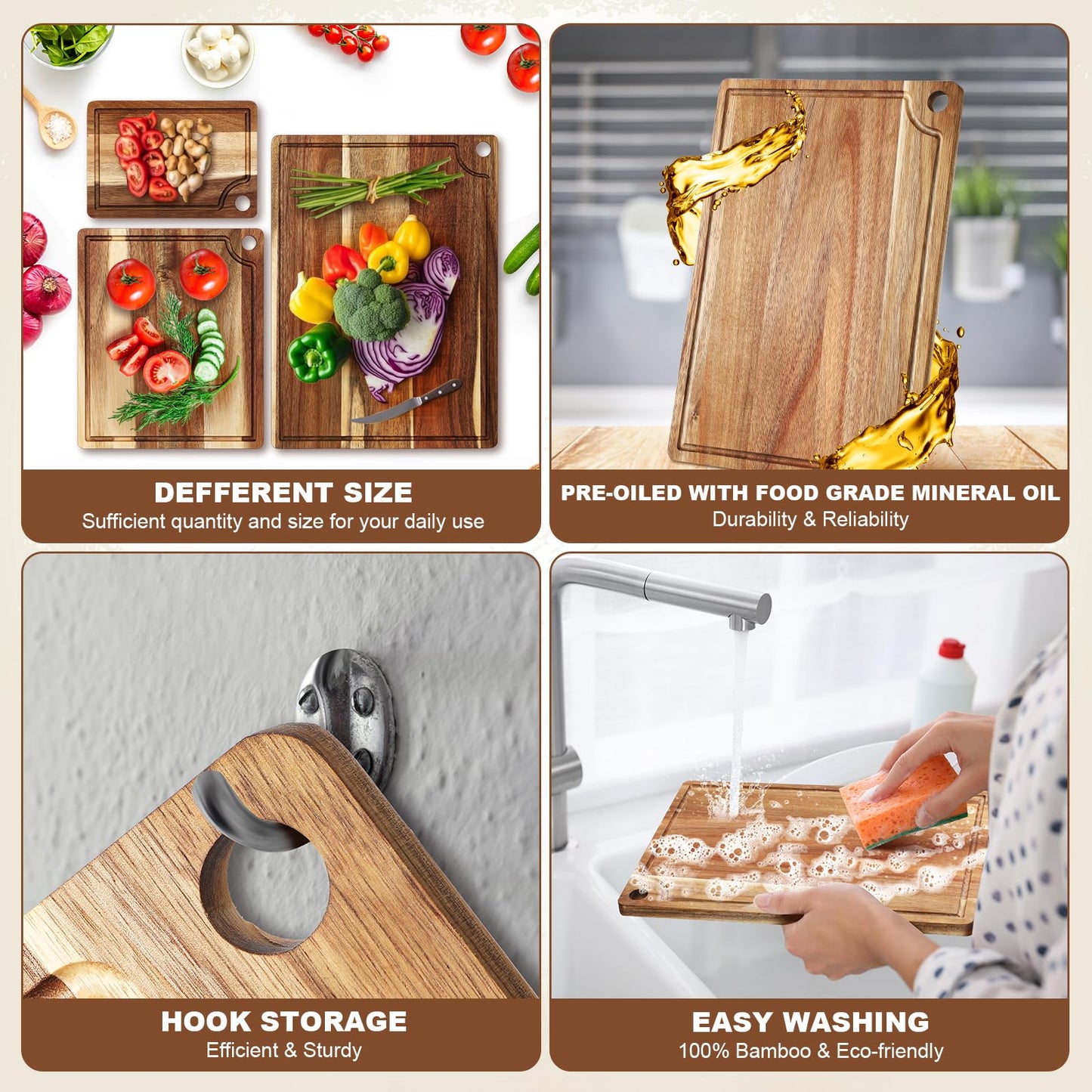 Ziliny Set of 6 Acacia Wood Cutting Board for Kitchen Set Charcuterie Boards Wooden Chopping Board for Meat,17 x 12, 15 x 10, 12 x 10, 11 x 7, Double 9 x 6.1 Inch, Housewarming Gifts