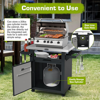 NUUK Grill Carts Outdoor with Enclosed Cabinet and Storage Drawer, Portable Patio Bar Cart with Wheels Stainless Steel Kitchen Storage Island 20" x 30" Rolling Prep Station for BBQ, Deck, Backyard