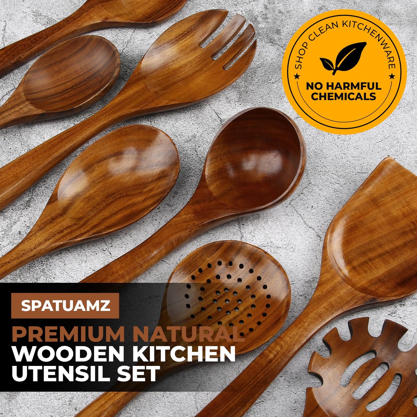 SPATUAMZ Teak Wood Spoons for Cooking, Elegant Wooden Cooking Set of 10, Excellent Kitchen Cooking Utensils Set for Home