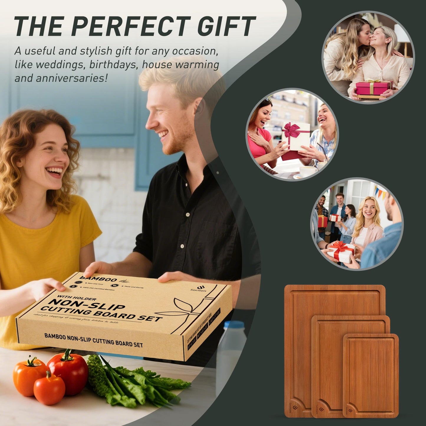 3 Packs Bamboo Cutting Board Set with Non Slip Feet and Over Sink Nice Solid Thick Wood Juice Groove Chopping Board Extra Large Big Small Best Hardwood Counter Organic Vegetable Kitchen Gadgets