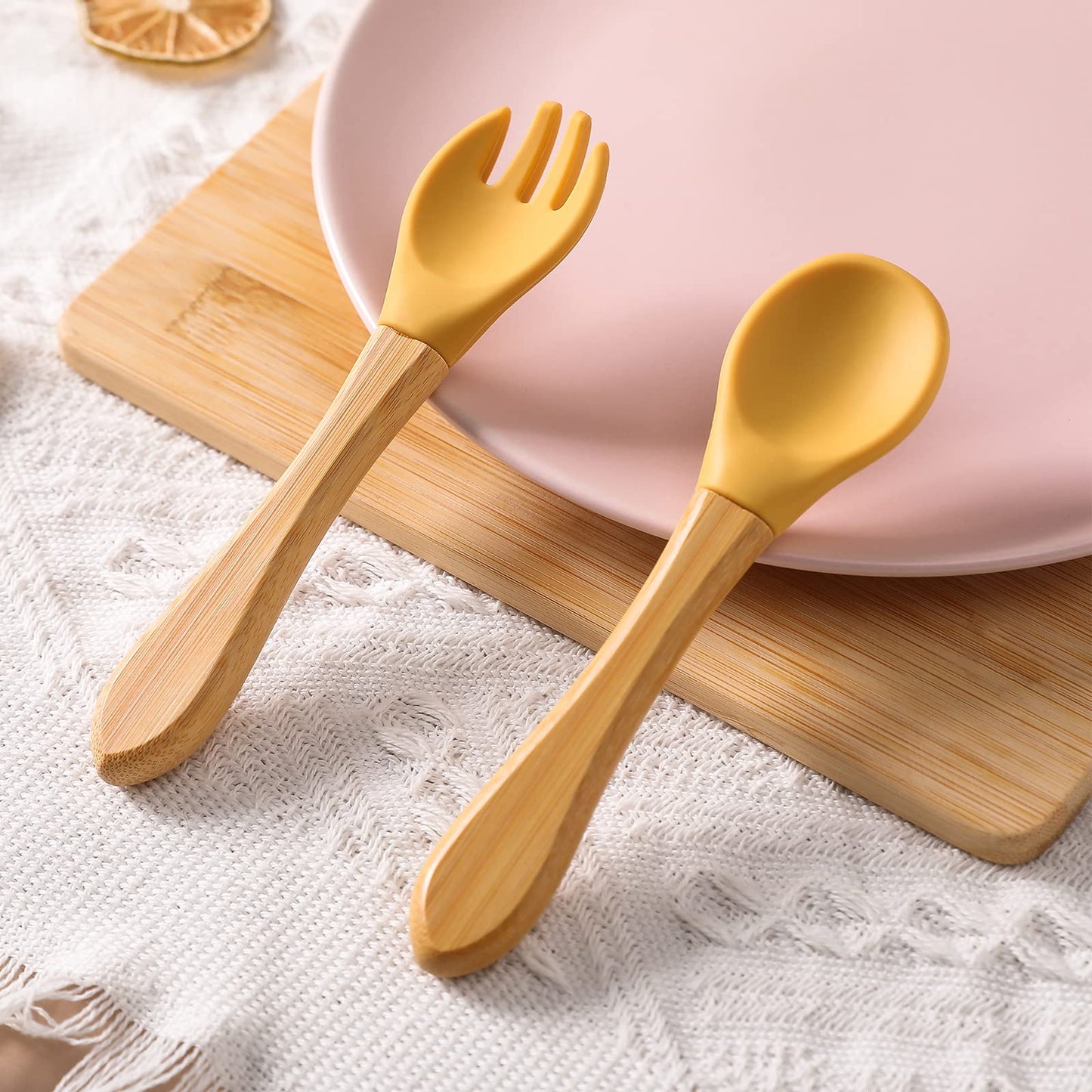 Mamimami Home Baby Feeding Spoon, Bamboo Wood and Silicone Baby Fork and Spoon - Soft Curved Silicone Tip Spoons - Suitable for Baby and Toddlers Forked Spoone（Yellow）