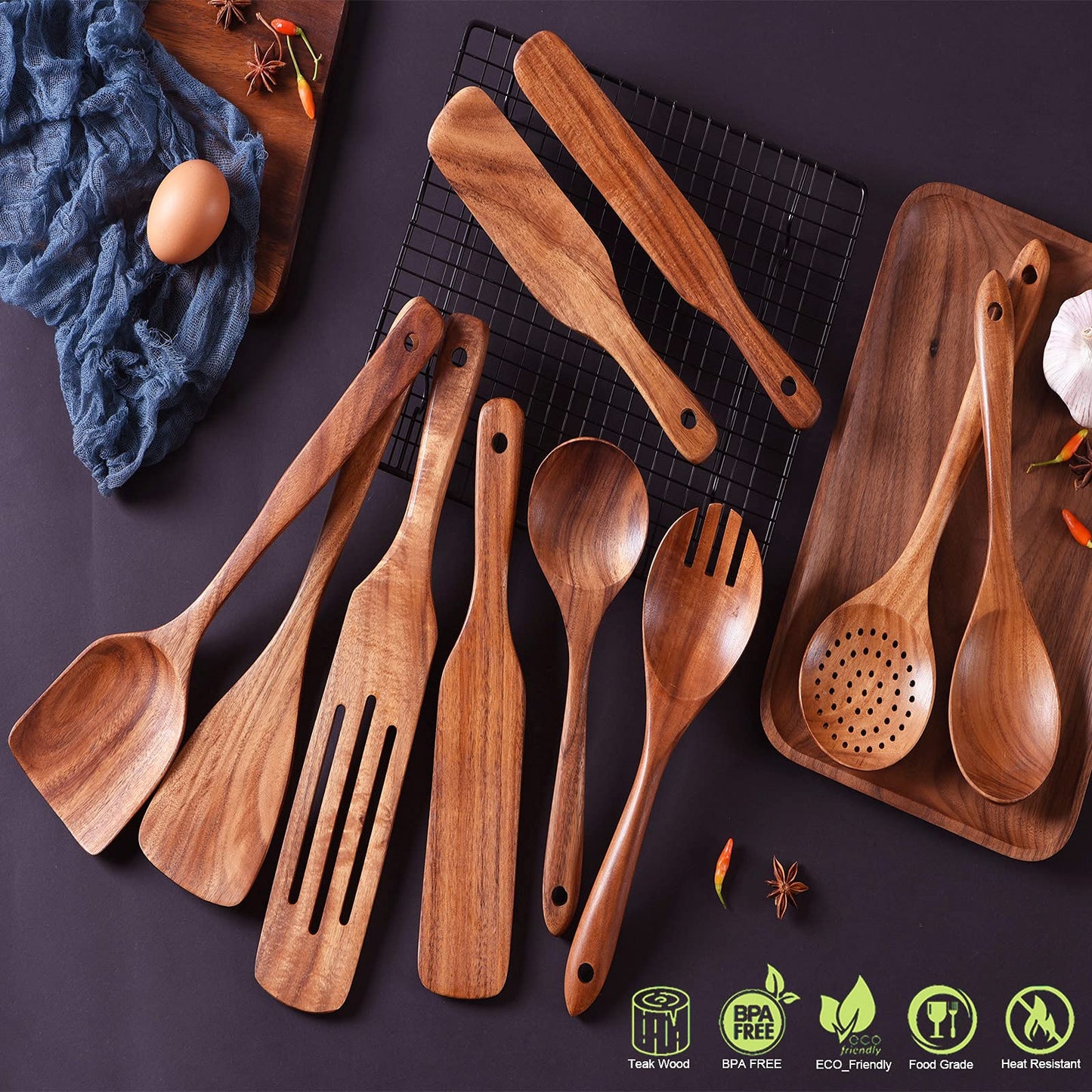 Wooden Spoons for Cooking,GUDAMAYE 10 PCS Wooden Kitchen Utensils Set,Wooden Cooking Utensils For Non-stick Pan,Teak Wood Utensils Set,Spurtles Kitchen Tools As Seen On Tv
