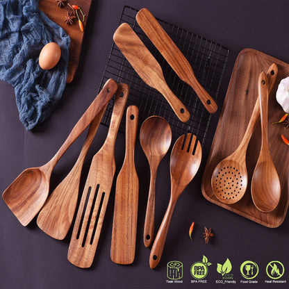 Wooden Spoons for Cooking,GUDAMAYE 10 PCS Wooden Kitchen Utensils Set,Wooden Cooking Utensils For Non-stick Pan,Teak Wood Utensils Set,Spurtles Kitchen Tools As Seen On Tv