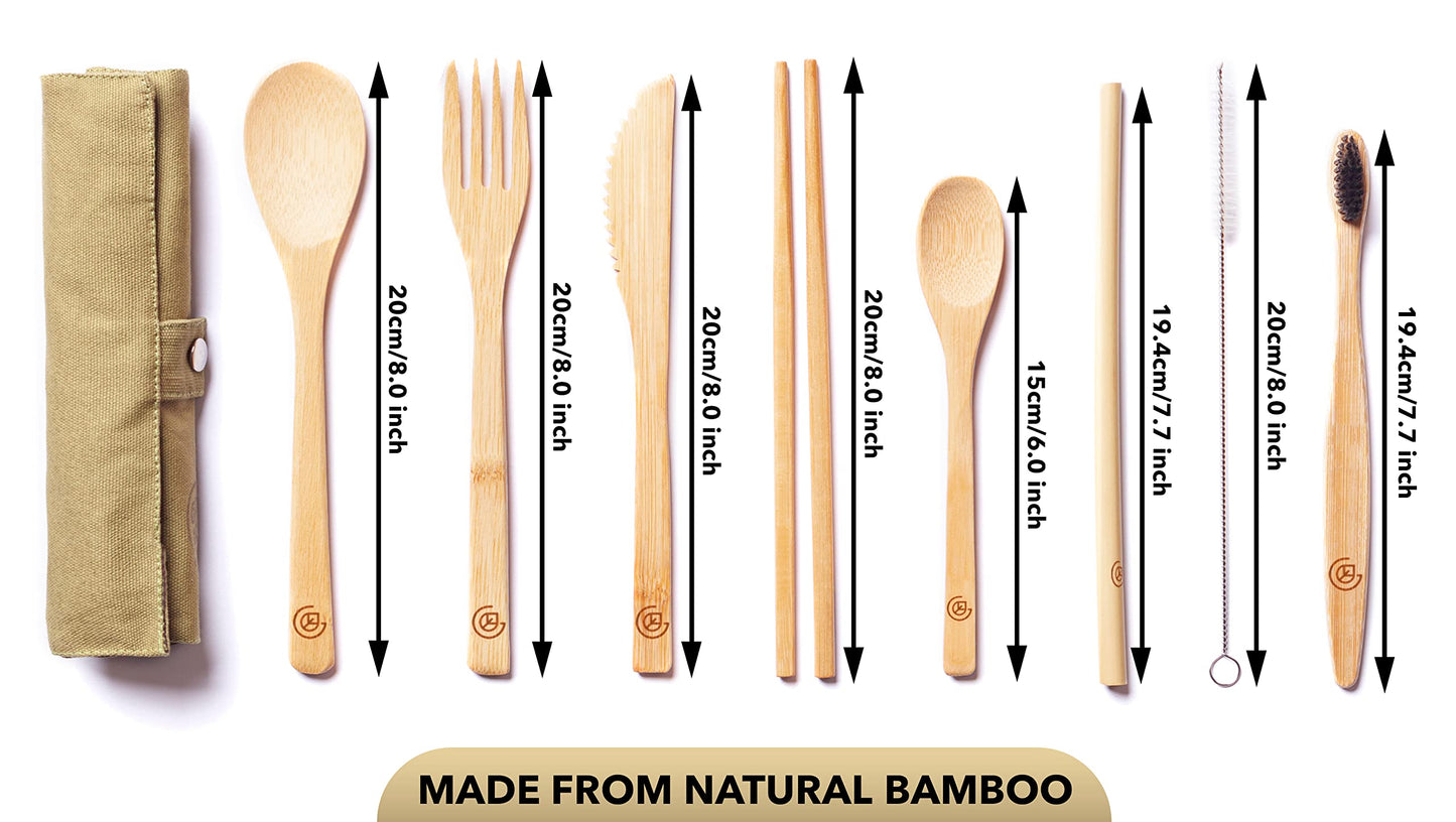 Greenzla Double Pack Bamboo Utensils Set with Bonus Toothbrush Pair, Straw, Spoon, Fork, Knife, Teaspoon, Chopsticks, Brush & Duo Storage Bags - Reusable Bamboo Cutlery - Wooden Utensil Set