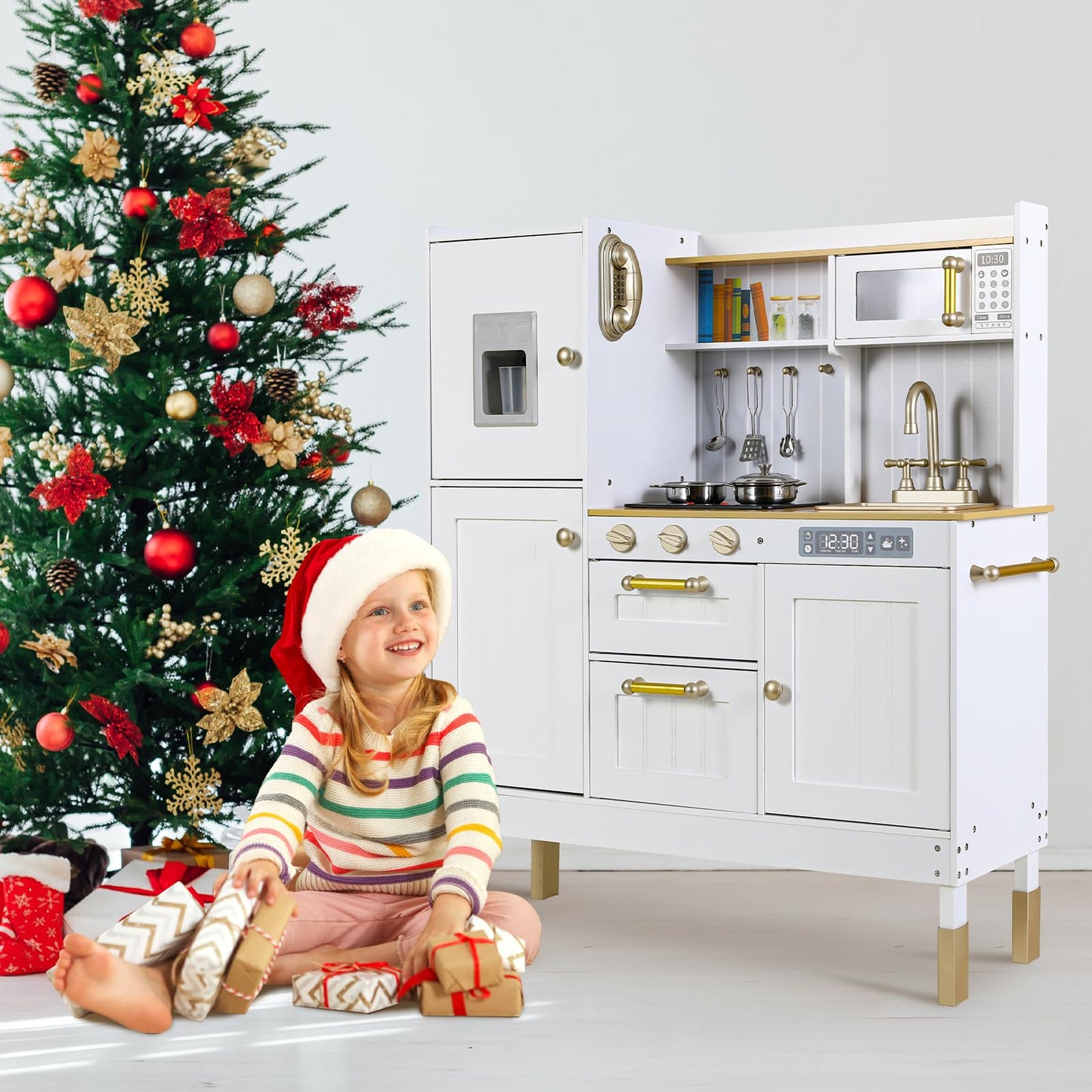 Arlopu Play Kitchen for Kids, Pretend Preschool Kitchen Sets, Wooden Cooking Playset w/Realistic Light & Sound, Telephone, Stove, Fridge, Microwave, Removable Sink, Water Dispenser (White)