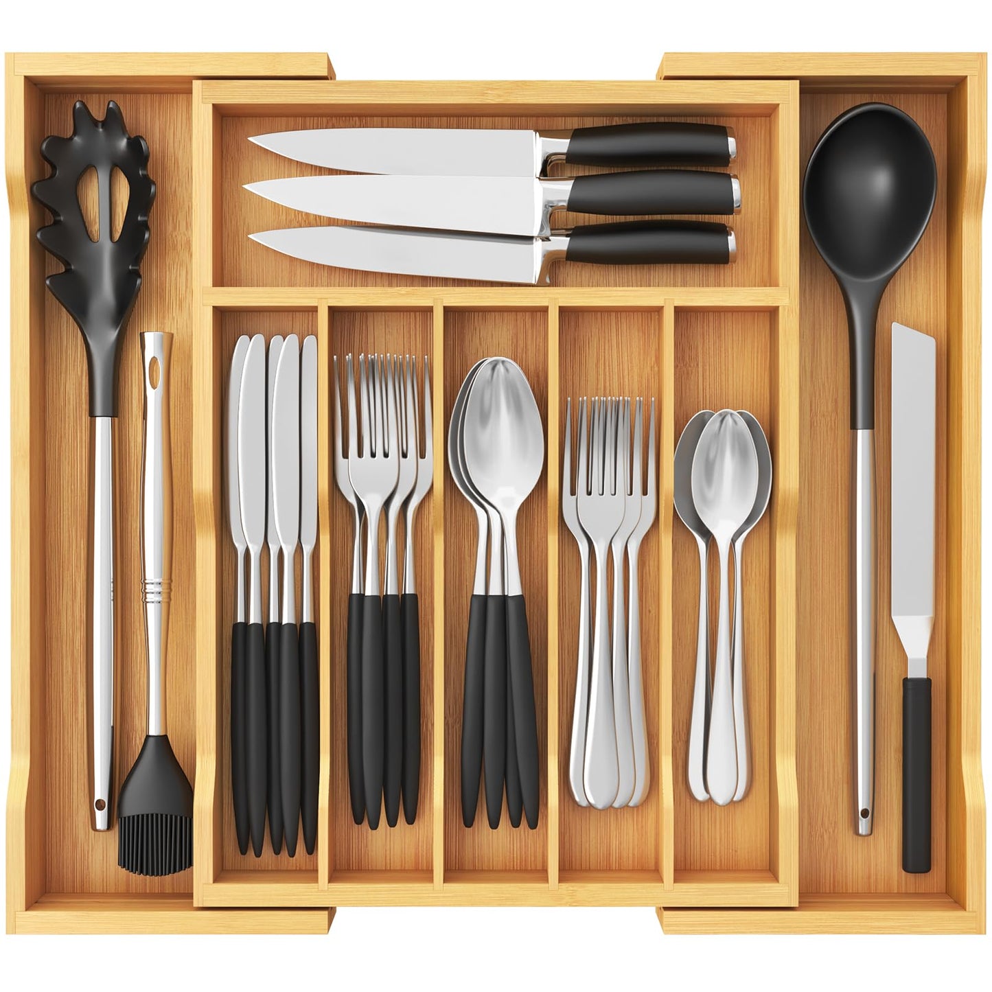 Lifewit Silverware Drawer Organizer, Expandable Utensil Tray for Kitchen, Bamboo Flatware and Cutlery Holder, Wood Adjustable Storage for Spoons Forks Knives, Large, Natural