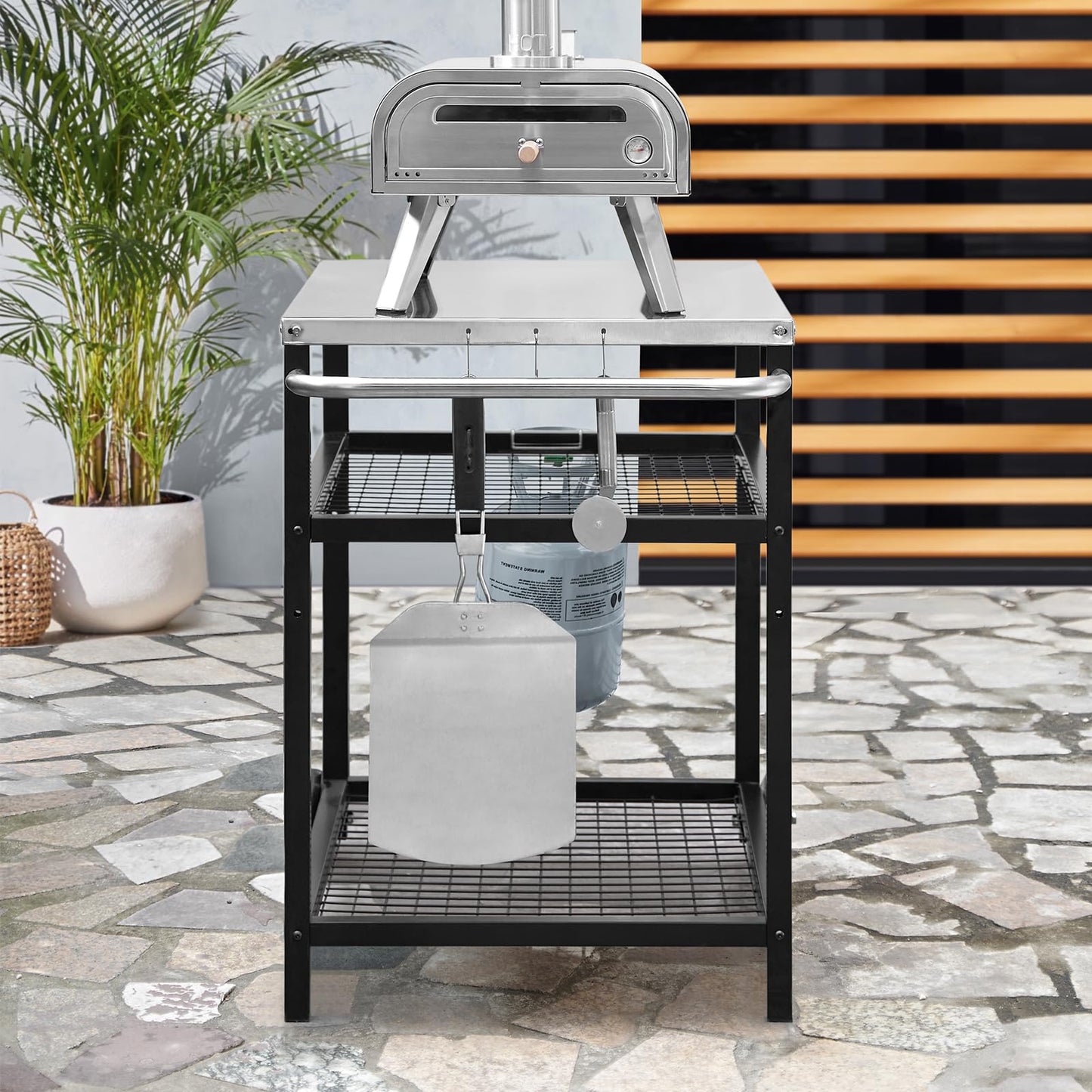 WEASHUME Stainless Steel Grill Cart Pizza Oven Stand Trolley Table with Wheels Pizza Cart Three-Shelf Movable Food Prep Work Dining Table with Double-Shelf Heavy Duty Outdoor 31.5" x 24 x 33.5