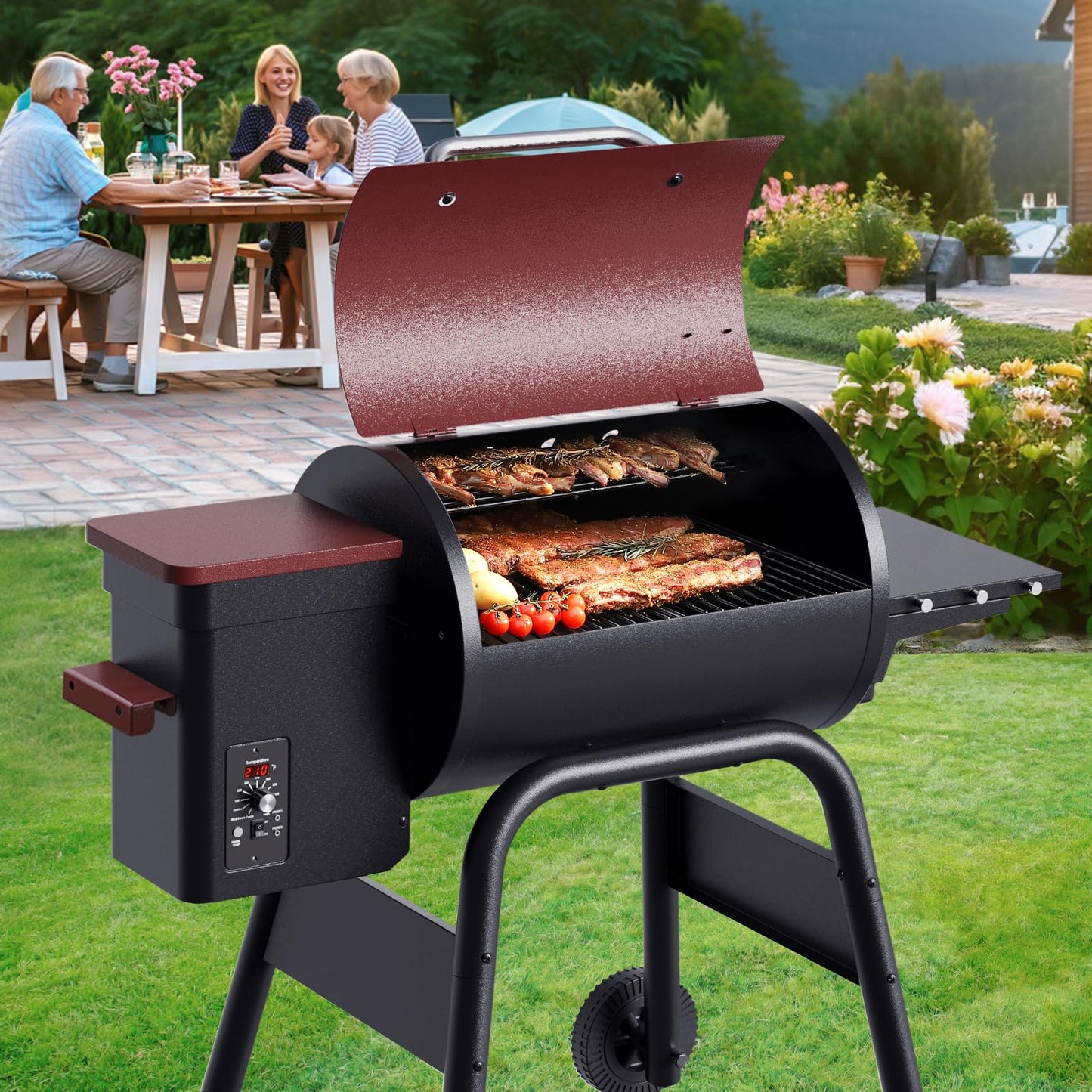 Jocoevol Electric Wood Pellet Grill Smoker for Outdoor Cooking, 456 SQ. IN Cook Area Pellet Grill with Auto Feed & PID Temperature Control 180-425°F, 6-in-1 BBQ Grill for Backyard, Camping