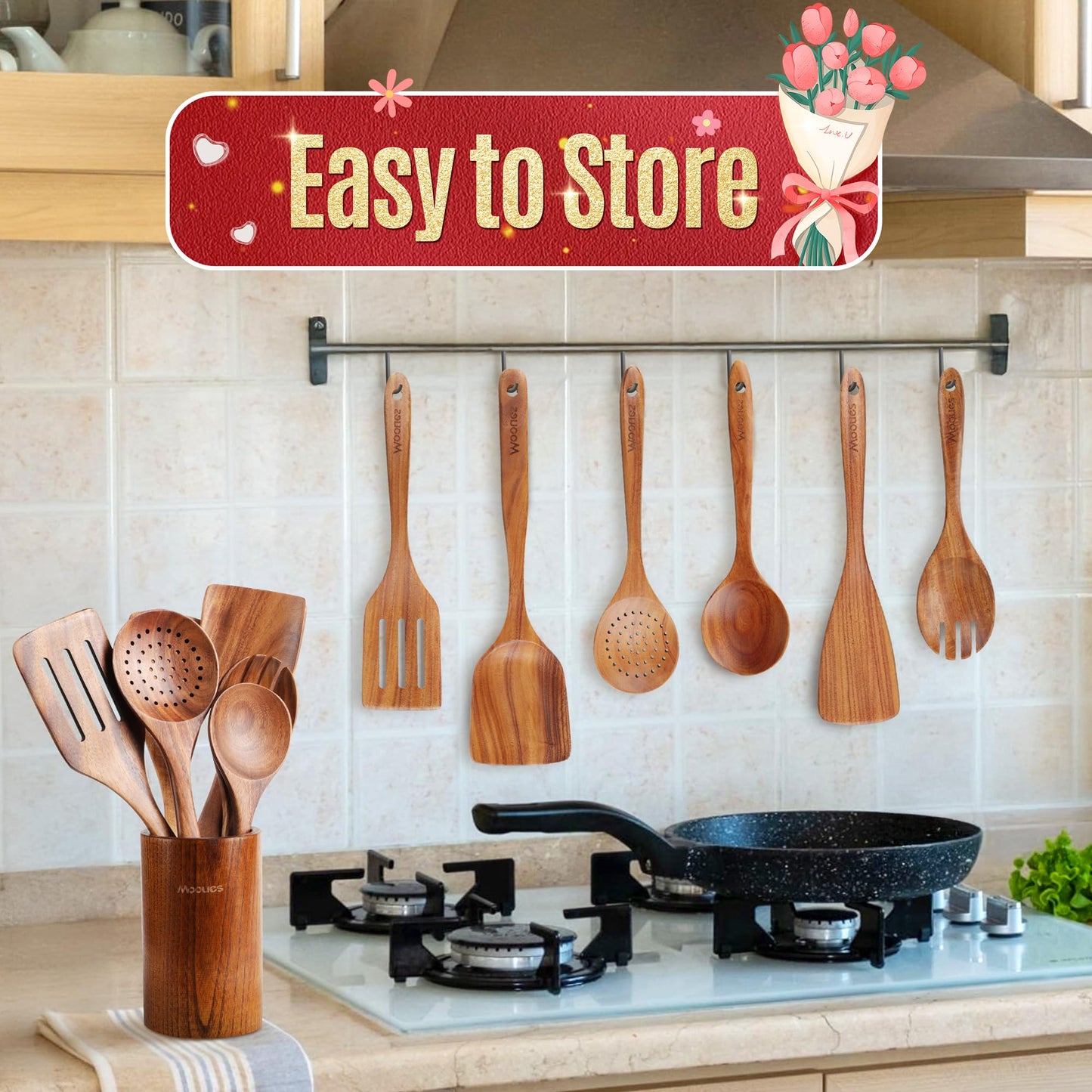 9 Piece Wooden Spoons for Cooking, Teak Wooden Kitchen Utensils Set with Spoon Rest, NonStick Comfort Grip Wooden Spatula Set and Cooking Utensils Holder