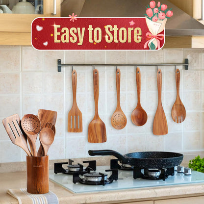 9 Piece Wooden Spoons for Cooking, Teak Wooden Kitchen Utensils Set with Spoon Rest, NonStick Comfort Grip Wooden Spatula Set and Cooking Utensils Holder